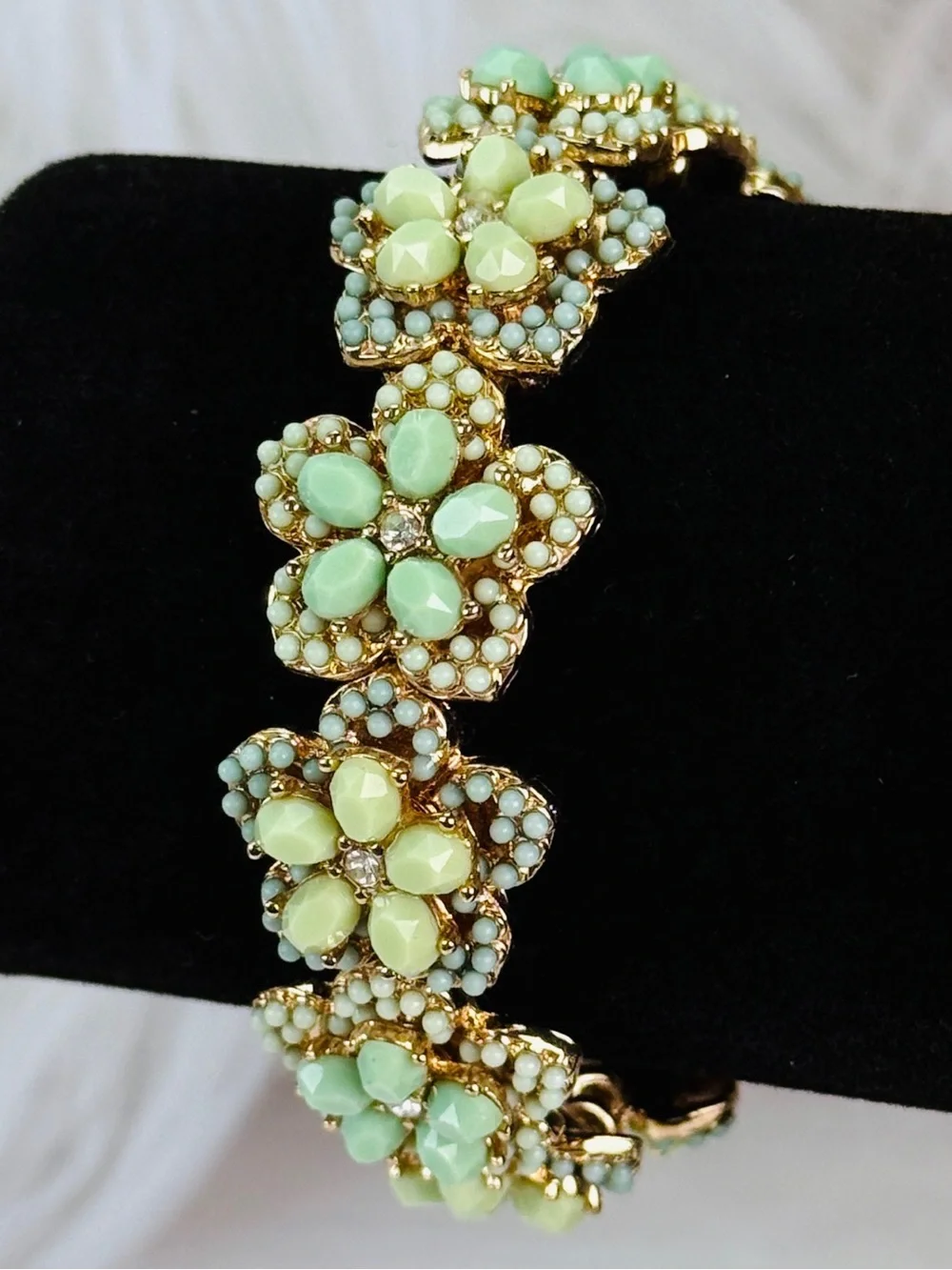 Vintage Goldtone and Green Floral Stretch Bracelet
